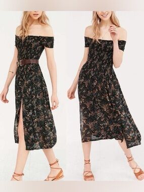 Kimchi Blue Picnic Smocked Off The Shoulder Black Floral Midi Dress XS